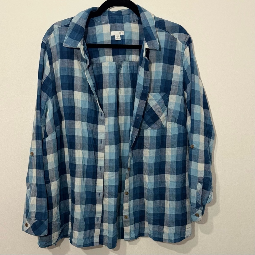 Women’s 2X Blue Plaid Button Front Shirt 100% Cotton Long Sleeve Roll Tab Casual - Picture 5 of 9